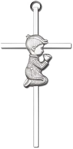6 inch Antique Silver Praying Boy on a Polished Silver Finish Cross