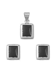 Sterling Silver Black Onyx Rectangular Earrings and Necklace Jewelry Set