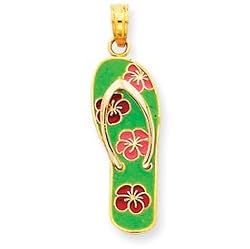 14k Enameled Flowers on Green Flip Flop Pendant