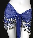 Royal Blue Belly Dance Hip Scarf with Silver Coins