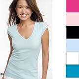 Bella Sheer Rib Cap Sleeve Deep V-Neck T-Shirt