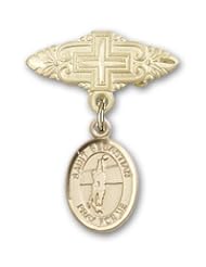 14K Gold Baby Badge with St. Sebastian Volleyball Charm and Badge Pin with Cross