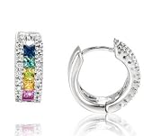 14K White Gold Rainbow Gem Diamond Huggie Earrings