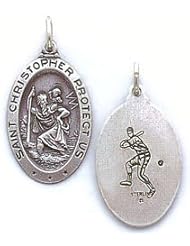 St. Christopher Sterling Silver Reversible Baseball Pendant Medal with 20 inch Steel Necklace