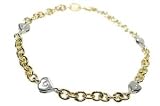14K Yellow Gold Rollo Link Anklet Bracelet 10'', with White Gold Heart Shaped Bezel Set Diamonds