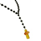 14K Rosary 17" with Onyx Beaded And Amber Cross Necklace