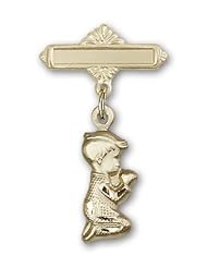 Gold Filled Baby Badge with Praying Boy Charm and Polished Badge Pin