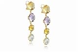 14K Yellow Gold Hand-Crafted Designer Dangling Earrings, Set with Semi-Precious Multi-Colored Stones.