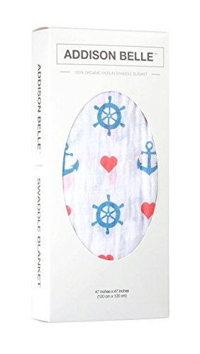 100% Organic Muslin Swaddle Blanket by ADDISON BELLE - Oversized 47 inches x 47 inches - Best Baby Shower Gift - Premium Receiving Blanket (Nautical Print)