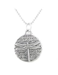 Small Round Dragonfly Pendant with Inspirational Inscriptions in Sterling Silver on a 16" Rhodium Diamond Cut Ball Chain Necklace, #8225