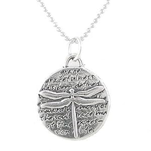 Small Round Dragonfly Pendant with Inspirational Inscriptions in Sterling Silver on an 18" Rhodium Diamond Cut Ball Chain, #8225