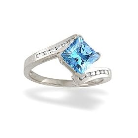 14K White Gold Genuine Square Blue Topaz and Diamond Bypass Ring by Jewels For Me