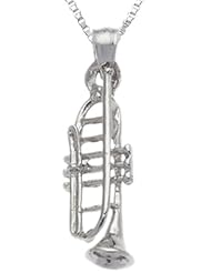 Solid 0.925 Sterling Silver Trumpet Horn Charm Pendant Necklace