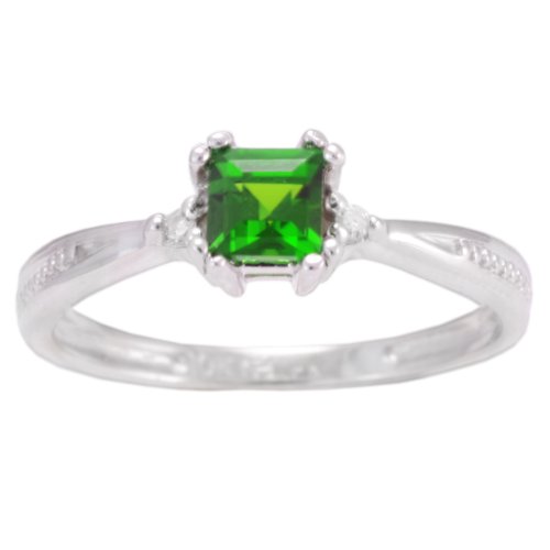 10K White Gold Chrome Diopside PrincessCut Exotic Gemstone and Diamond Ring, Size 7