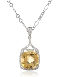 Badgley Mischka Fine Jewelry Sterling Silver White Diamonds Large Cushion Cut Citrine Pendant Necklace