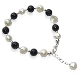 Made with Swarovski Elements® 8mm Fresh Water Nugget Pearl and Round Black Onyx Gemstone .925 Sterling Silver Adjustable 7 7.5 8 Bracelet With Lobster Claw Clasp