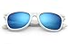LotFancy Classic Horn Rimmed Sunglasses for Women Men with Case, UV400 Protection, 54MM, Retro Stylish Square Eyewear for Driving Fishing Sports, Non Polarized, Blue Mirrored Lens, White Resin Frame