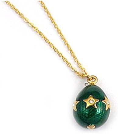 Gold Plated 'Golden Stars' Crystal Emerald Green Enameled Russian Faberge Egg Pendant Necklace, 18"
