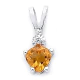 Sterling Silver Rhodium Plated Cubic Zirconia Pendant with Heart Shaped Citrine Colored Semi-Precious Stone.