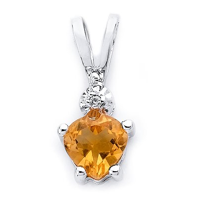 Sterling Silver Rhodium Plated Cubic Zirconia Pendant with Heart Shaped Citrine Colored Semi Precious Stone.
