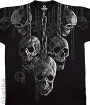 Skulls Hung With Chains T-Shirt, 'Hanging Out' Liquid Blue Premium Full Shirt Design, Large, Black