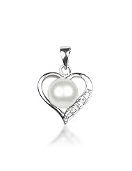 Valentines Day Gifts Bling Jewelry Silver CZ 7mm Freshwater Pearl Heart Pendant