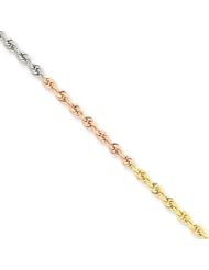 2.5mm, 14 Karat Tri-Color Gold, Diamond-Cut Rope Chain - 8 inch