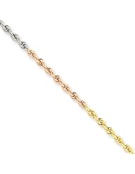 2.5mm, 14 Karat Tri-Color Gold, Diamond-Cut Rope Chain - 7 inch