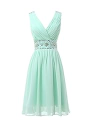 V-neck Sleeveless Acrylic/Chiffon/Satin Sequined Ruched Beaded Short Club Dress/Evening Dress/Homecoming Dress/Party Dress/Wedding Dress 
