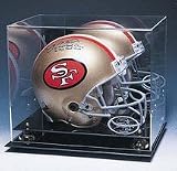 Full Size Football Helmet Display Case with Gold Risers, Mahogany Grain Finish and Engraved NFL Team Logo