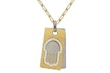14K White and Yellow Gold Matte-Finish Two-Plate Hand-of-God Pendant, Enhanced with Pave Set Diamonds, Sliding on a 17 Yellow Gold Open-Link Necklace.