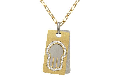 14K White and Yellow Gold Matte-Finish Two-Plate Hand-of-God Pendant, Enhanced with Pave Set Diamonds, Sliding on a 17 Yellow Gold Open-Link Necklace.