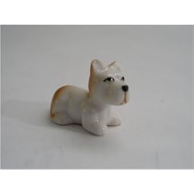 Dolls House Minatures Tan and white porcelain dog lying down wit