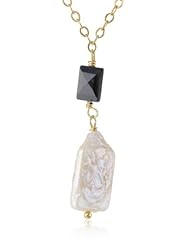 Gold over Silver Chain with White Rectangle Freshwater Cultured Pearl and Rectangle Black Onyx Drop Pendant Necklace, 16"+2" Extender