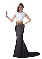 Hot Sale Herafa Short sleeve Mermaid Evening Gowns Sweep Length Train Delicate Beading Black Size:8