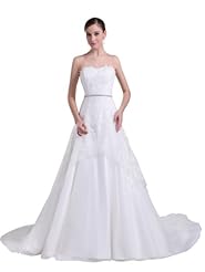 A-line Strapless Spring Fall Satin Sweetheart Beaded Lace-Up Wedding Dress  with a Chapel Train 