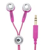 Clear Crystal Ear Bud Pink Cord Colored Enamel Bright and Cheerful