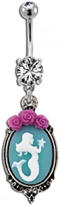 DSJ Stainless Steel Clear CZ Gem Belly Button Navel Ring Blue Mermaid Cameo Pink Roses Dangle Charm