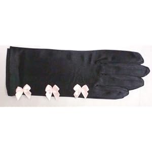 Nine Inch Black Spandex Nylon Prom and Wedding Gloves Trimmed with One Line Pink Satin Pearl Flowers for Women and Teens