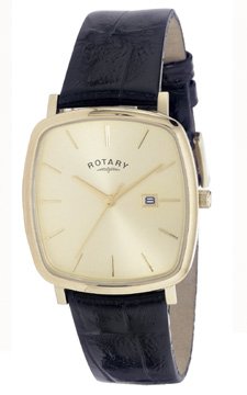 Rotary Gold Plated Square Dial Black Leather Strap Watch