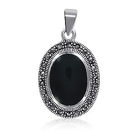 Oval Black Onyx Marcasite Sterling Silver Pendant Charm by 