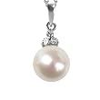 Natural White 8.5-9mm 3-Stone Diamond 14k Gold Crown Cultured Pearl Pendant Necklace - Dahlia Classic Collection