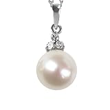 Natural White 8.5-9mm 3-Stone Diamond 14k Gold Crown Cultured Pearl Pendant Necklace - Dahlia Classic Collection