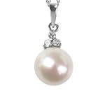 Natural White 8.5-9mm 3-Stone Diamond 14k Gold Crown Cultured Pearl Pendant Necklace - Dahlia Classic Collection