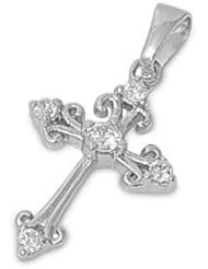 Sterling Silver Fleur De Lis Cross Pendant Best Seller Charm Pure 925 New 23mm with 1.5mm Ball Bead Chain