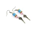 Novelty Fashion Dangle Earrings With Sewing Spool, Scissor Dangle, and Pink Bead