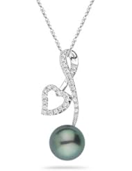 0.16 Cts Diamond & 9.0 mm Tahitian Pearl Heart Pendant in 18K White Gold