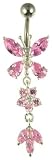 Stainless Steel Ladies Pink Cubic Zirconia Butterfly & Flower Body Bar