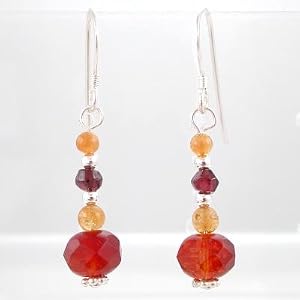 Garnet Gemstone, Amber, Czech Glass Bead and Sterling Silver Dangle Earrings, #8626