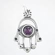 Hamsa Hand Pendant with Amethyst Gemstone in Sterling Silver, #8379